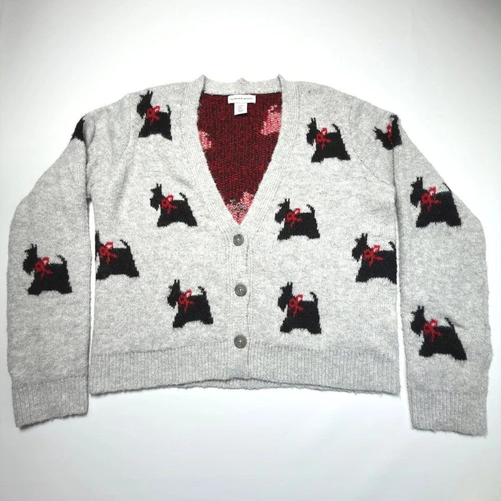 Cupcakes and Cashmere Scottie Dog Cardigan Sweater Women's Medium Gray Knit